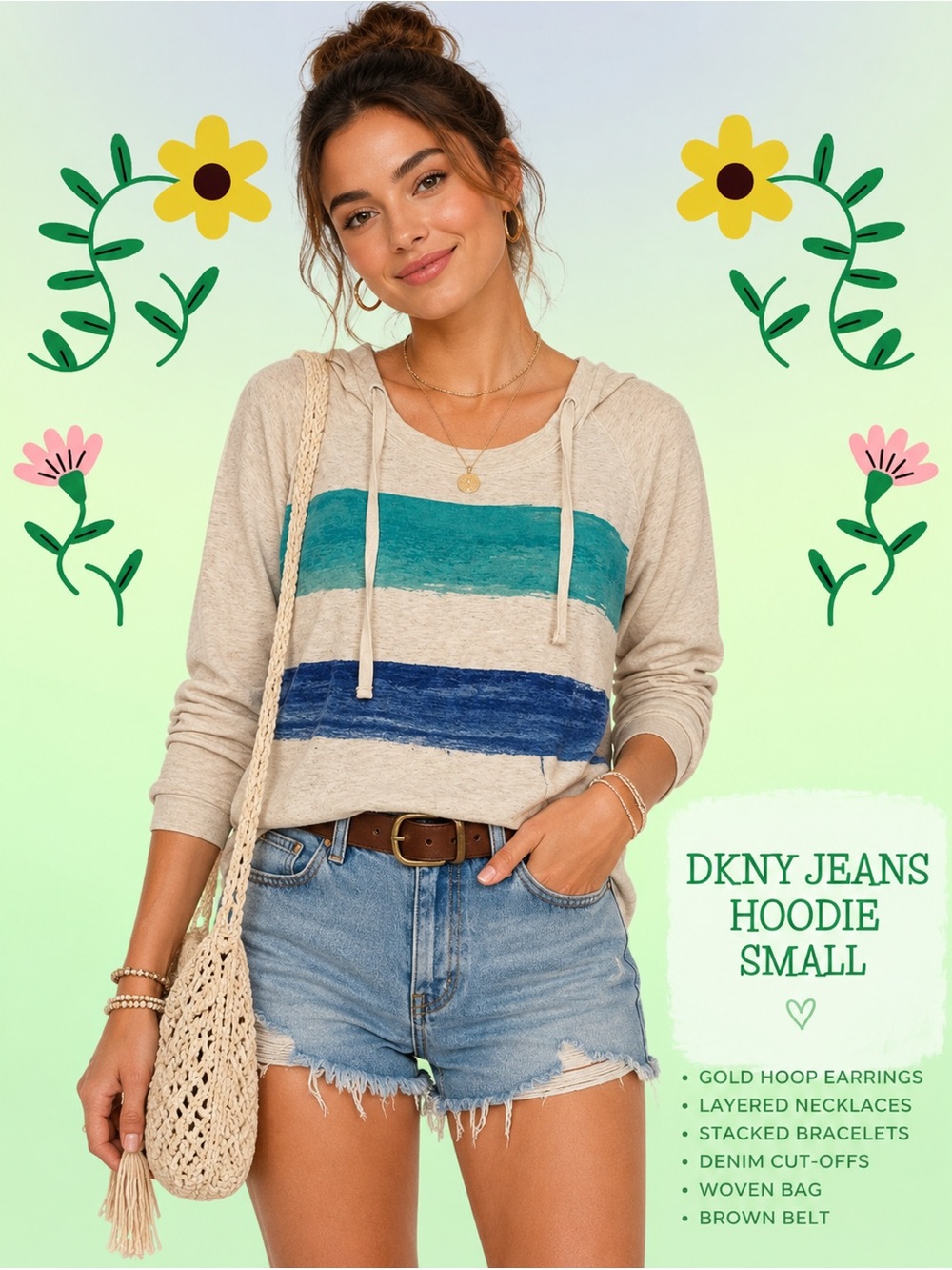 DKNY SWEATSHIRT HOODIE W V NECK. SIZE S/M CREAM W BLUE & GREEN FRONT SPLASHED